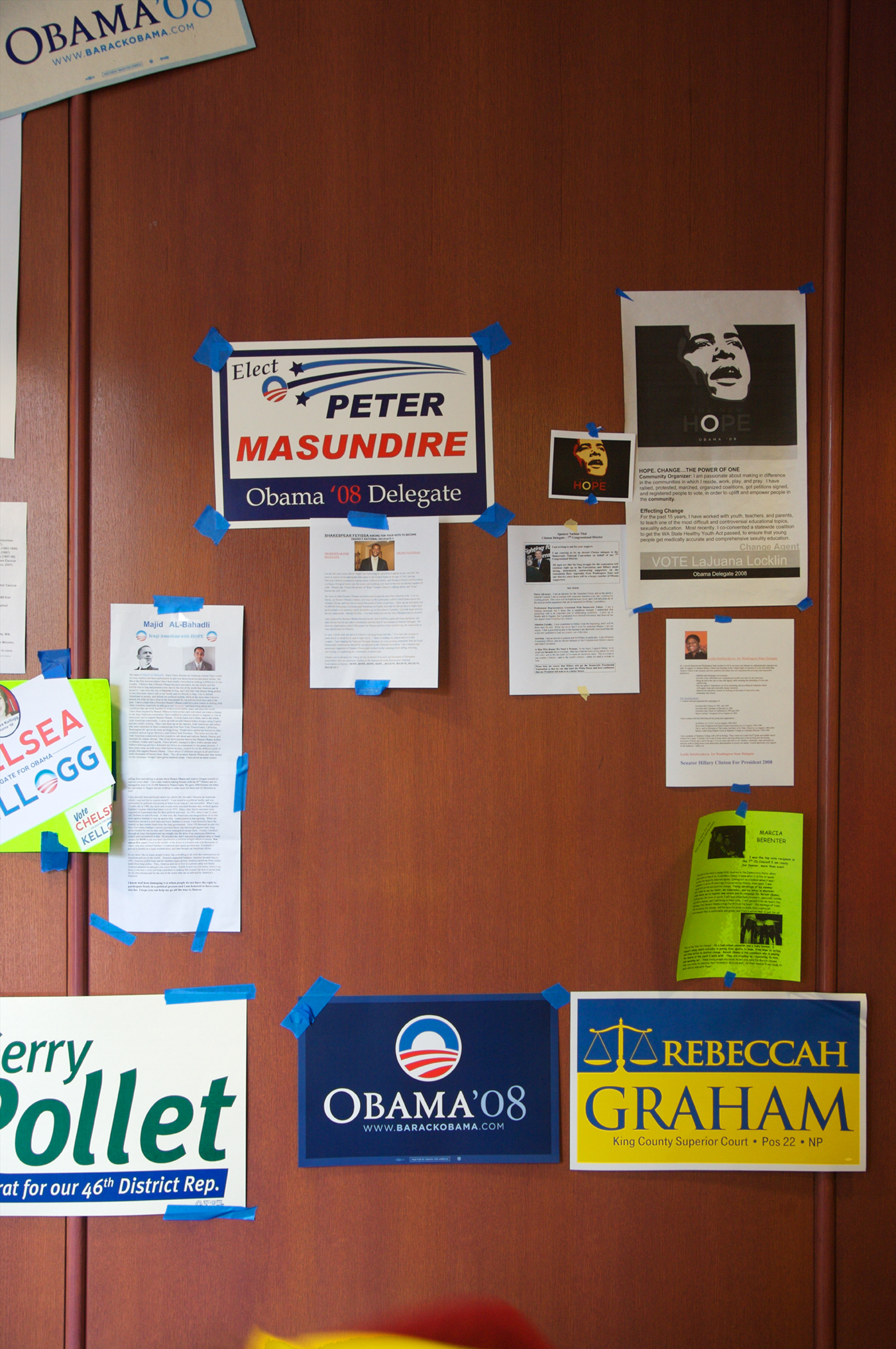 Campaign signs of all sorts. Seventh Congressional District Caucus, North Seattle Community College, Seattle, WA, May 17, 2008.