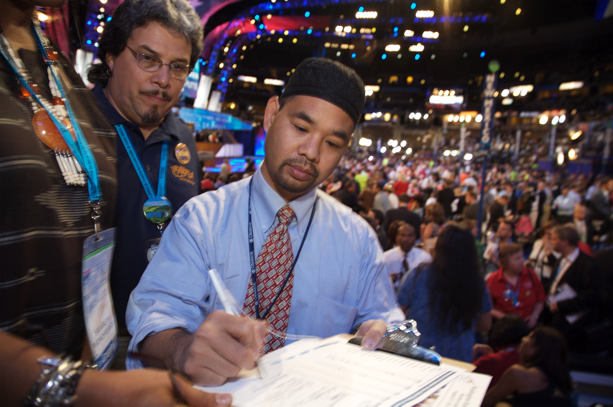 James Yee casts his ballot in favor of Barack Obama for presidential nominee of the Democratic Party. Pepsi Center, Denver CO, August 27, 2008.